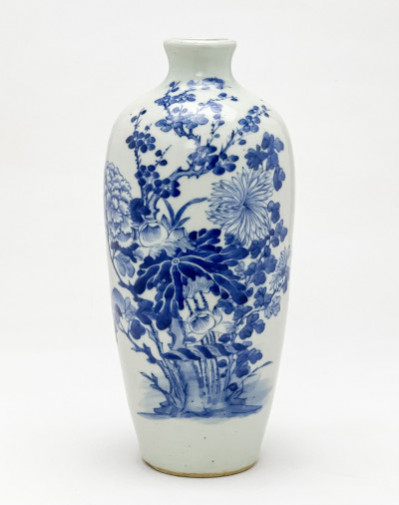 Image for Lot Chinese Porcelain Blue and White Vase with Flower Blossoms and Inscription