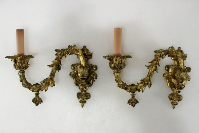 Image for Lot Pair Rococo Style Gilt Brass Gas Sconces, 19th C.