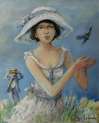 Jacques Lalande - Girl & Boy in Field with Bird
