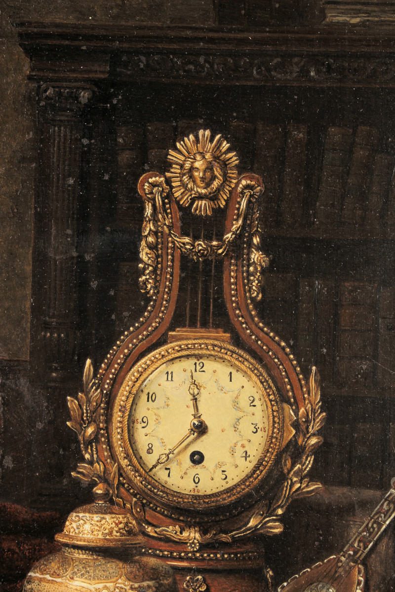 Image 3 of lot Max Schödl – Still Life with Clock, Satsuma Jar, and Mandolin