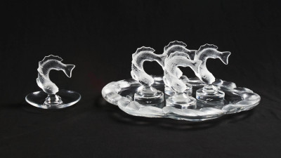 Lalique Crystal - Group of Four (4) Goujon Leaping Fish Card Holder (1) Fish Coupe Scalloped Dish Platter  (1) Goujon Leaping Fish Ring Tray