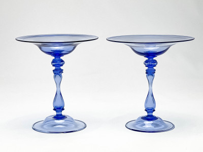 Pair of Italian Blue Soffiato Glass Compotes