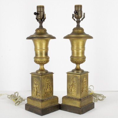Image for Lot Pr Empire Ormolu Engine Turned Lamps 19th C