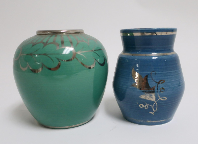 Image 1 of lot 2 Silver Lustre Blue/Green Vases, Wedgwood