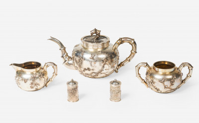 Chinese Silver Tea Set and Salt and Pepper Containers c.1880-1920