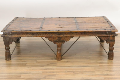 Image for Lot Large 19C Rustic Indian Carved Wood Low Table