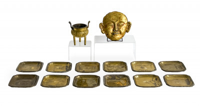 Image for Lot Chinese Hammered Gilt Metal Funerary Mask and Other Metal Objects