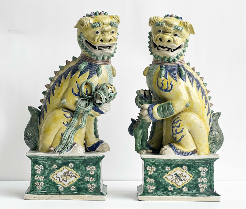 Pair of Chinese Porcelain Famille Verte Buddhist Lions