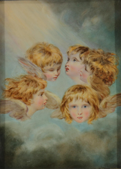 French Porcelain Plaque, Putti Masks in Clouds