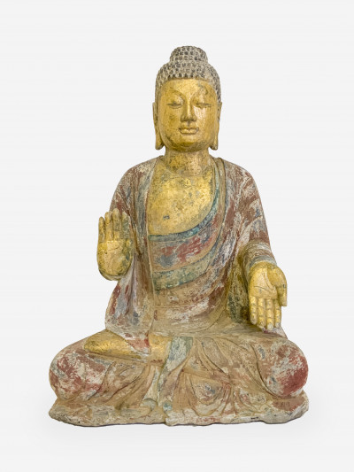 Image for Lot Large Chinese Parcel Gilt and Painted Stone Buddha