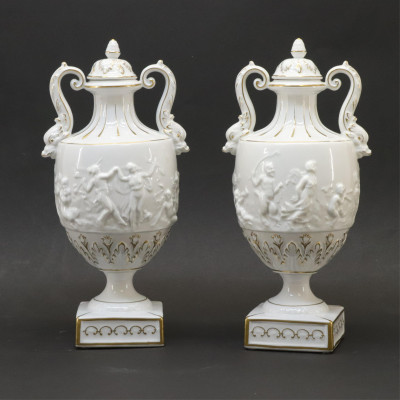 Image for Lot Pair Capo Di Monte Porcelain Covered Urns