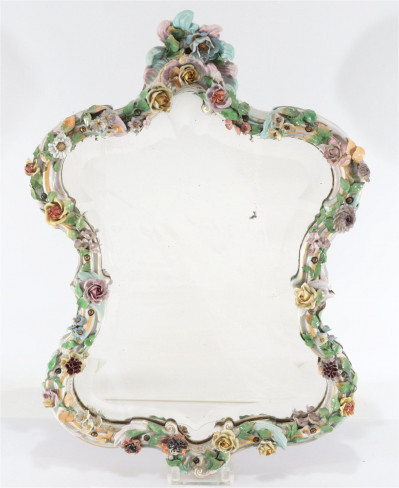 Image for Lot Porcelain Floral Beveled Mirror, likely Dresden