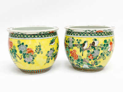 Pair of Chinese Porcelain Famille Verte Yellow Ground Jardinieres