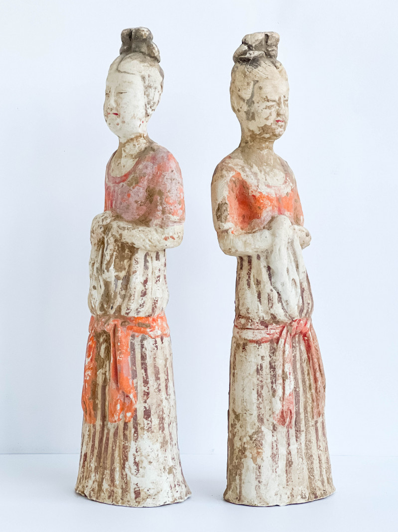 Pair of Chinese Painted Pottery Figures of Court Ladies