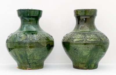 Image for Lot Pair of Chinese Green Glazed Ceramic Hu Form Vessels