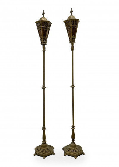 Image for Lot Pair of Gilt Metal Floor Lamps with Mica Shades, in the style of Oscar Bach
