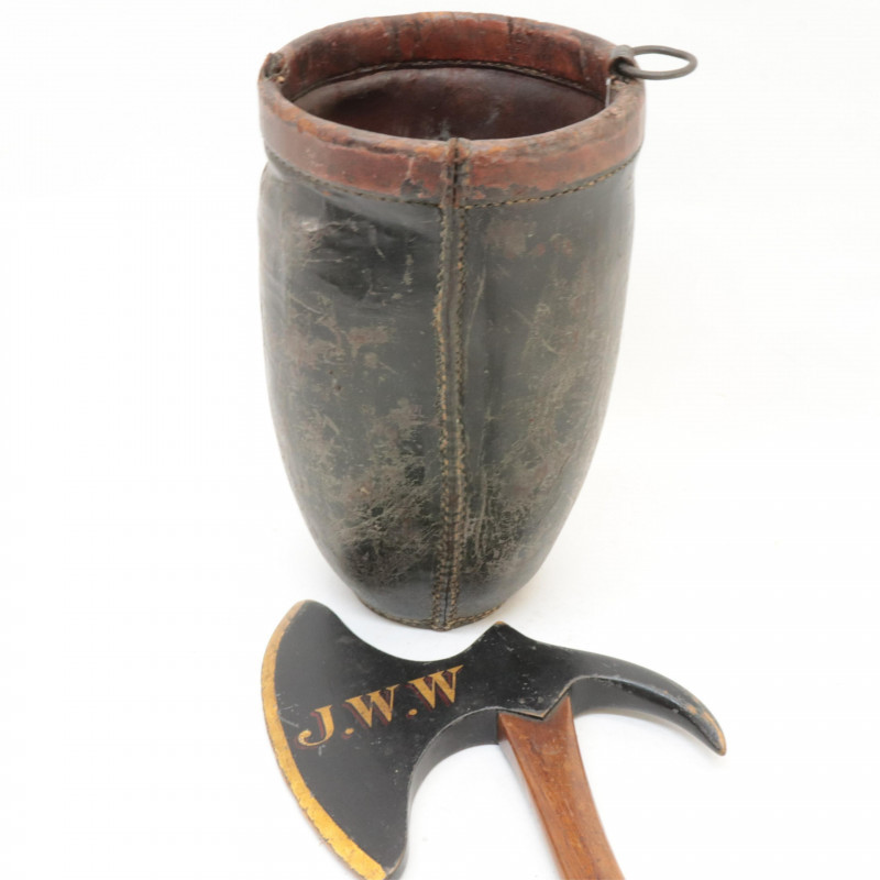 Image 5 of lot 3 Fire Company Items leather bucket  axes