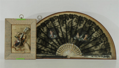 Image for Lot Victorian MOP Painted Lacework Fan & Shadowbox