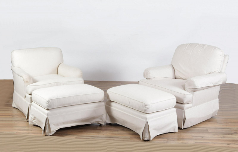 Image 1 of lot 2 Cream Upholstered Club Chairs & 2 Ottomans