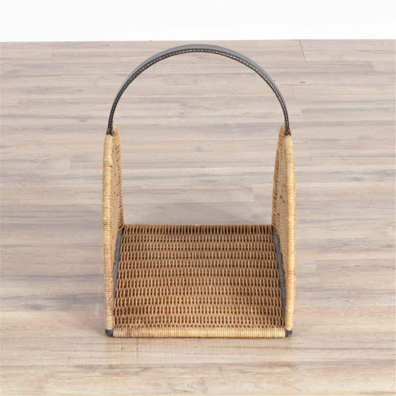 Jacques Adnet Style Leather & Wicker Log Caddy