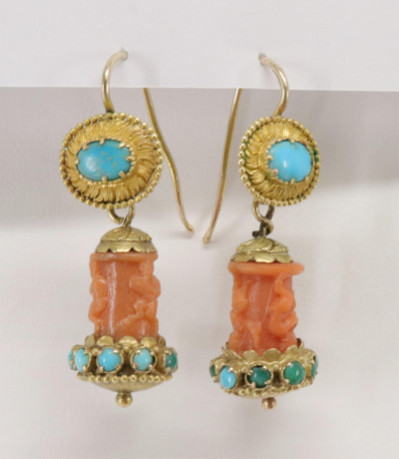 Image for Lot Carved Coral and Turquoise Earrings