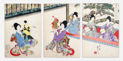 Toyohara Chikanobu  - Geisha Performing, Triptych