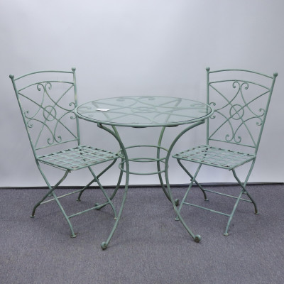 Image for Lot Vintage Painted Metal Bistro Table, Folding Chairs