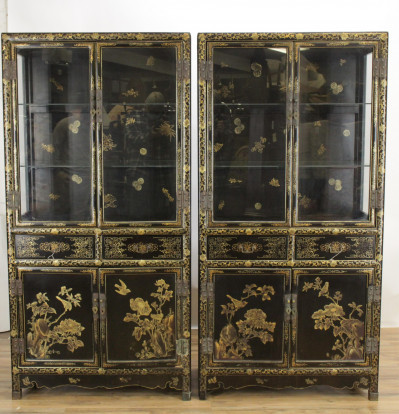 Image for Lot Pair Chinese Gilt Decorated Black Lacquer Cabinets