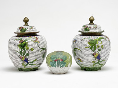 Image for Lot Pair of Chinese Cloisonné Covered Jars and a Small Porcelain Jar