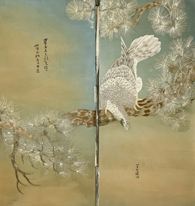 Image for Lot Japanese Embroidered Two Panel Screen, Hawk and Pine