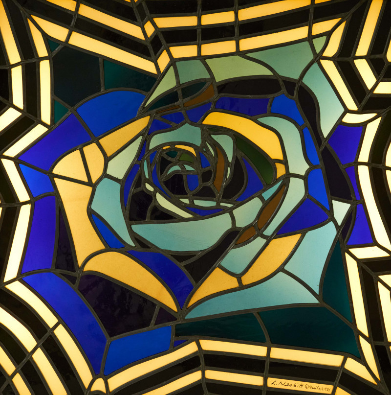 Lowell Nesbitt - Electric Blue Rose Stained Glass Window