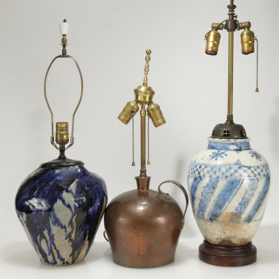 Image for Lot Majolica-Copper-Art Pottery Table Lamps
