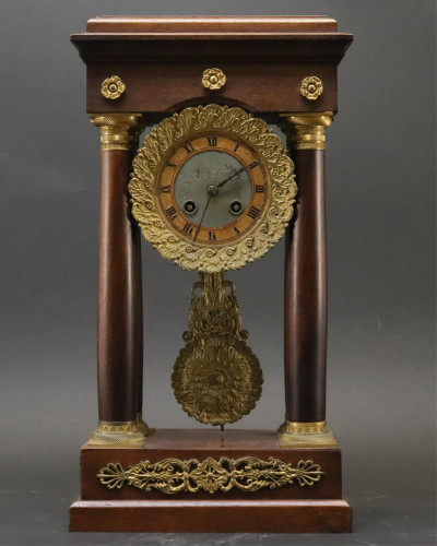 Image for Lot Empire GiltMetal  Mahogany Portico Clock 19 C