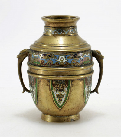 Chinese Cloisonne & Bronze 2-Handle Vase