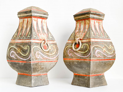 Pair of Chinese Painted Pottery Vessels and Covers, Fanghu