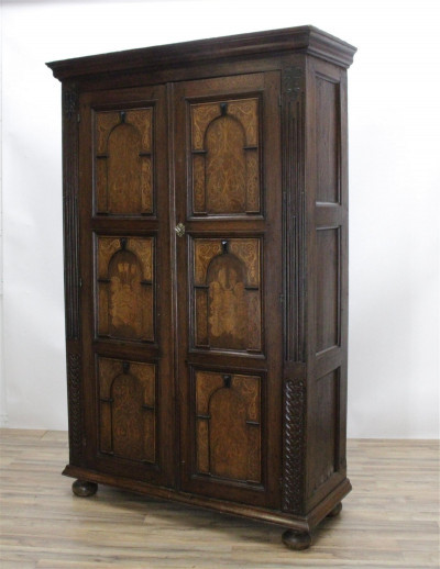 Image for Lot Continental Baroque Inlaid Oak Armoire
