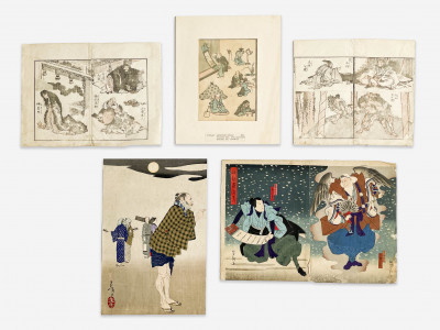 5 Japanese Woodblock Prints, including Hokusai