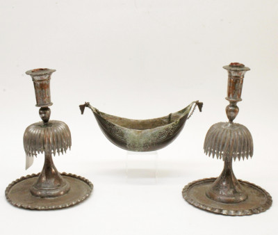 Image for Lot Pair of Silver Clad Middle Eastern Candle Holders