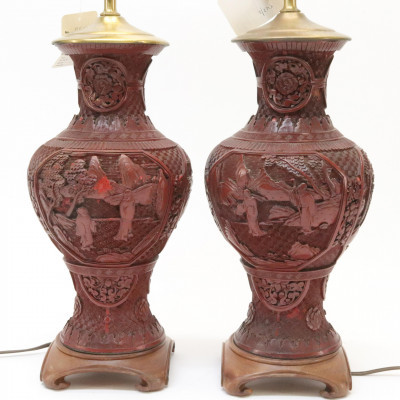 Image for Lot Pair of Chinese Cinnabar Vases as Lamps