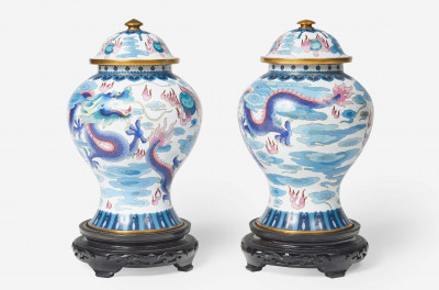 A Pair of Chinese Cloisonné Lidded Temple Vases with Dragon Motif
