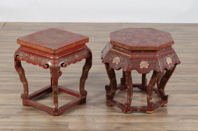 Image 3 of lot 2 Chinese Gilt Scarlet Lacquer Low Pedestals