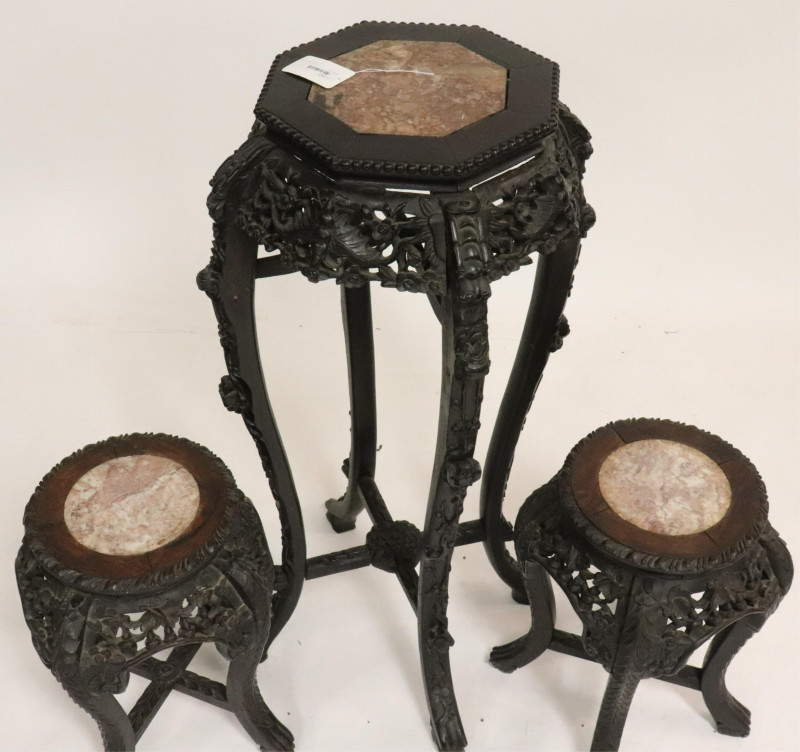 Image 2 of lot 19th C. Carved Chinese Stands With Marble Inserts