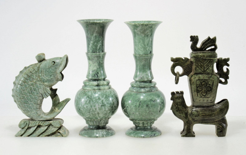 Image 1 of lot 4 Chinese Style Carved Green Stone Table Items
