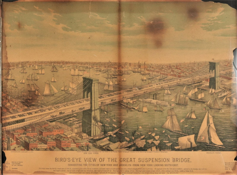 Image 1 of lot 19th C. Birds Eye View of Great East River Bridge