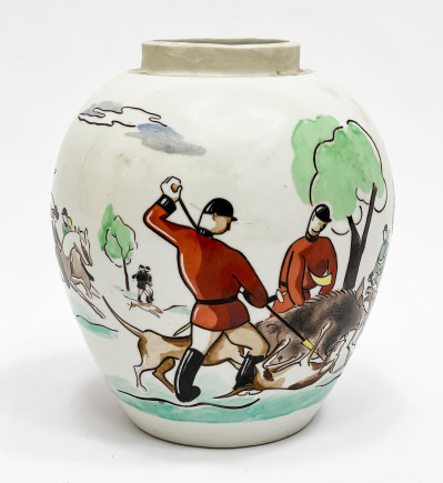 Image for Lot Glazed Porcelain Hunting Scene Jar