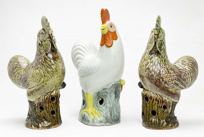 Image for Lot Three Chinese Porcelain Figures of Roosters