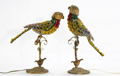 Image for Lot Pair Victorian Glass & Brass Parakeet Lamps