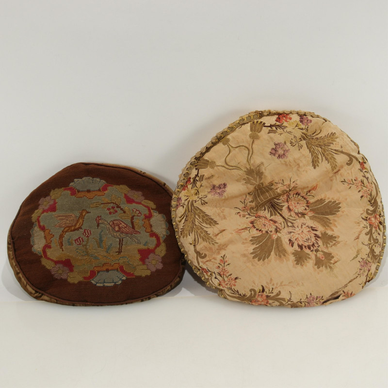 Image 1 of lot 2 Round Antique Needlepoint - Brocade Pillows