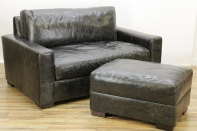 Image for Lot Restoration Hardware Black Leather Sofa & Ottoman