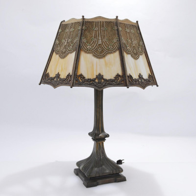 Title Polychromed White Metal Slag Glass Lamp, Handel / Artist